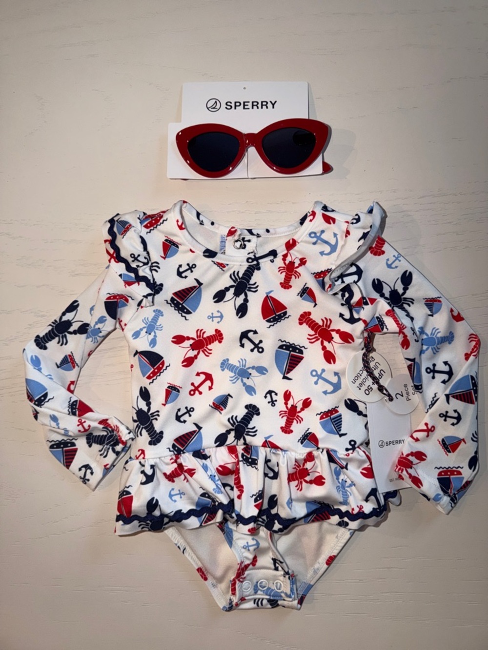 Sperry Long-Sleeve One-Piece Swimsuit Nautical Lobster Americana 12 18 24 months